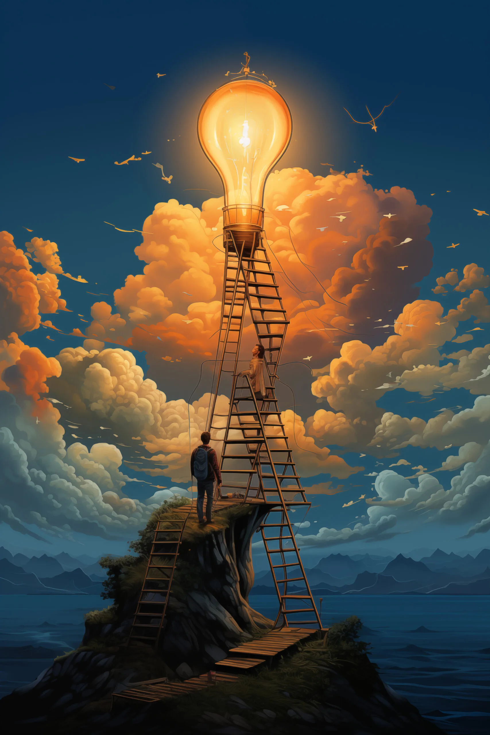 Person climbing ladder to a light bulb symbolizing innovation, IT services and digital marketing growth by Adfinity Techwave.