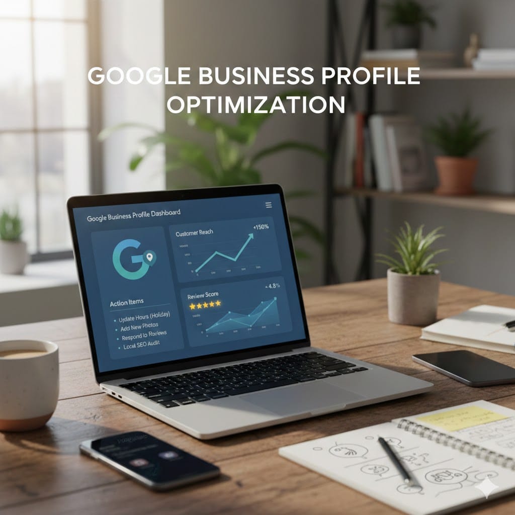 Digital marketing professional's workspace featuring a Google Business Profile optimization dashboard with improved local search analytics.