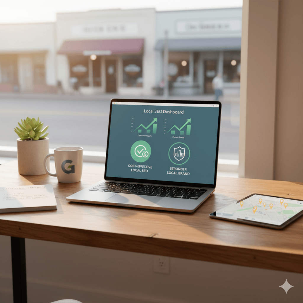 Local SEO dashboard showing cost-effective marketing results and improved brand visibility on a laptop screen.