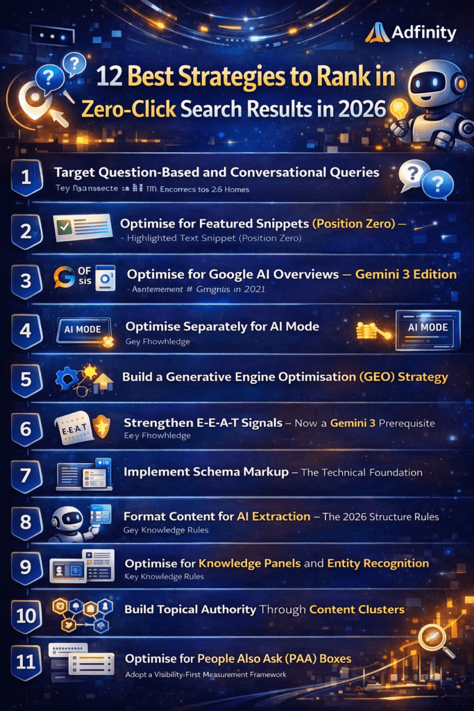 Infographic showing 12 SEO strategies to rank in zero-click search results in 2026, including featured snippets, Google AI overviews, E-E-A-T, schema markup, content clusters, and generative engine optimization, with Adfinity Techwave branding in the corner