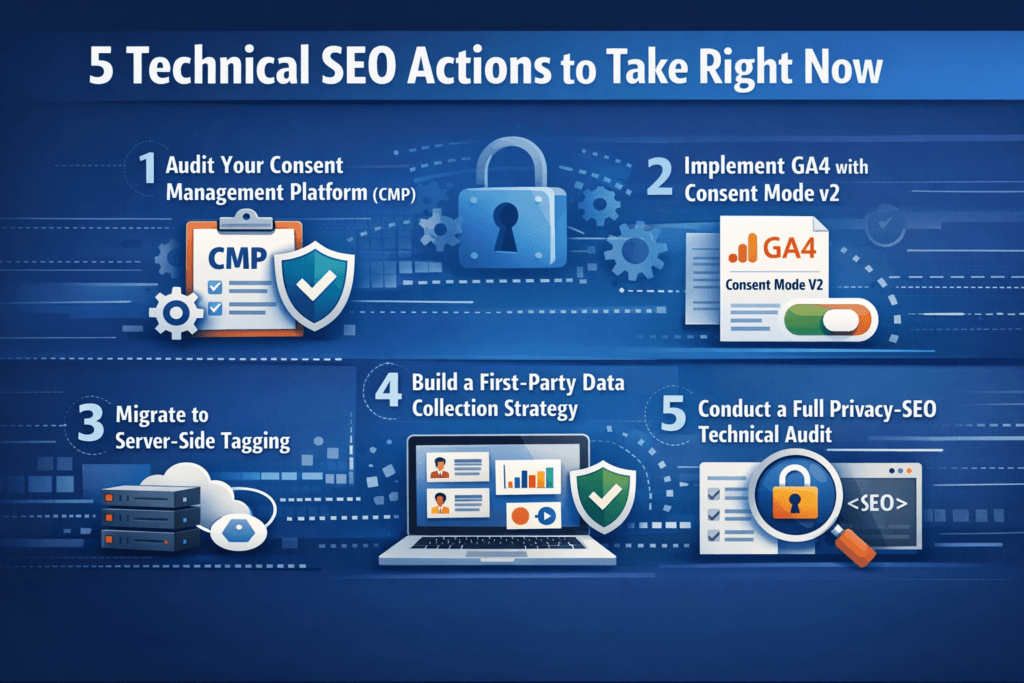 infographic showing five technical SEO actions including auditing CMP, implementing GA4 with Consent Mode v2, server-side tagging, first-party data strategy, and privacy-SEO audit.