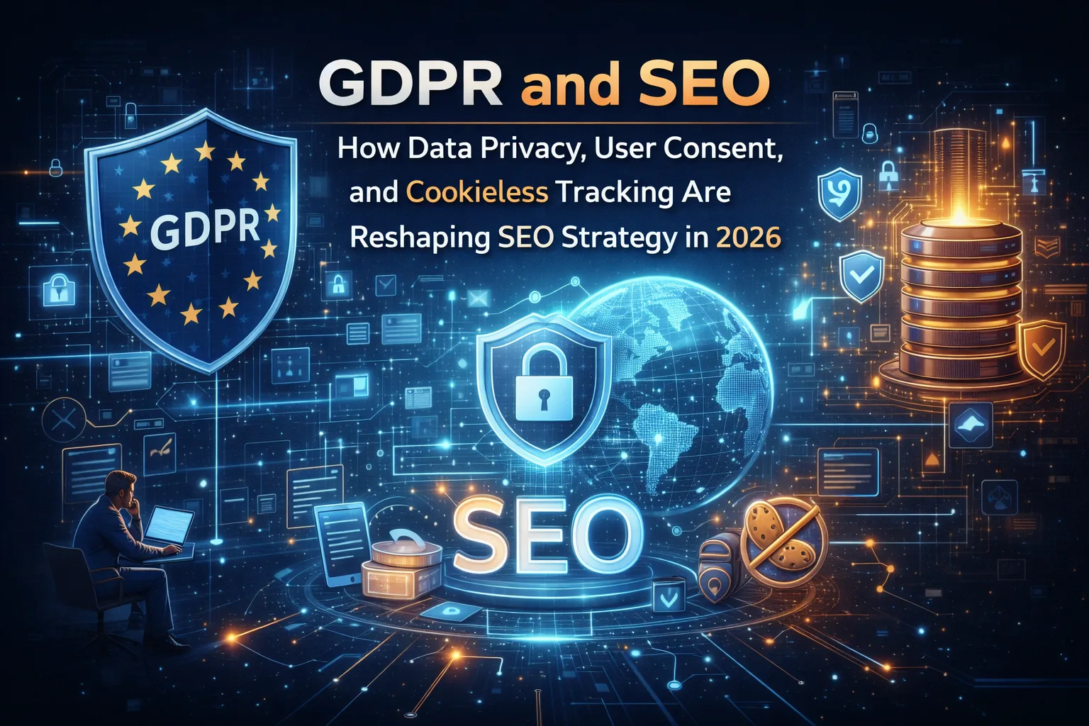 Futuristic illustration of GDPR and SEO showing data privacy, user consent, and cookieless tracking concepts with security shields, lock icons, and digital data flows.