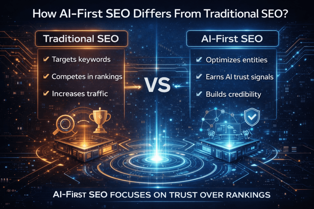 Infographic comparing Traditional SEO and AI-First SEO, highlighting differences such as keyword targeting vs entity optimization, rankings vs trust signals, and traffic vs credibility in AI-powered search.