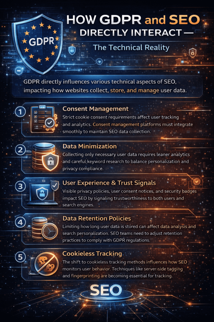Infographic explaining how GDPR affects SEO through consent management, data minimization, user trust signals, data retention policies, and cookieless tracking.