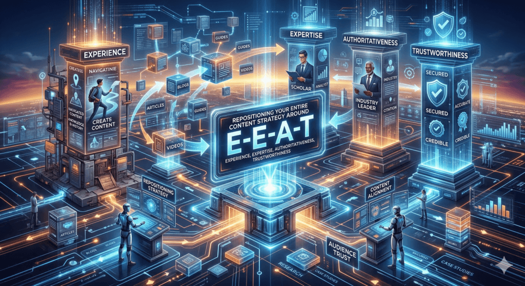 a content strategy ecosystem centered around E-E-A-T (Experience, Expertise, Authoritativeness, Trustworthiness)