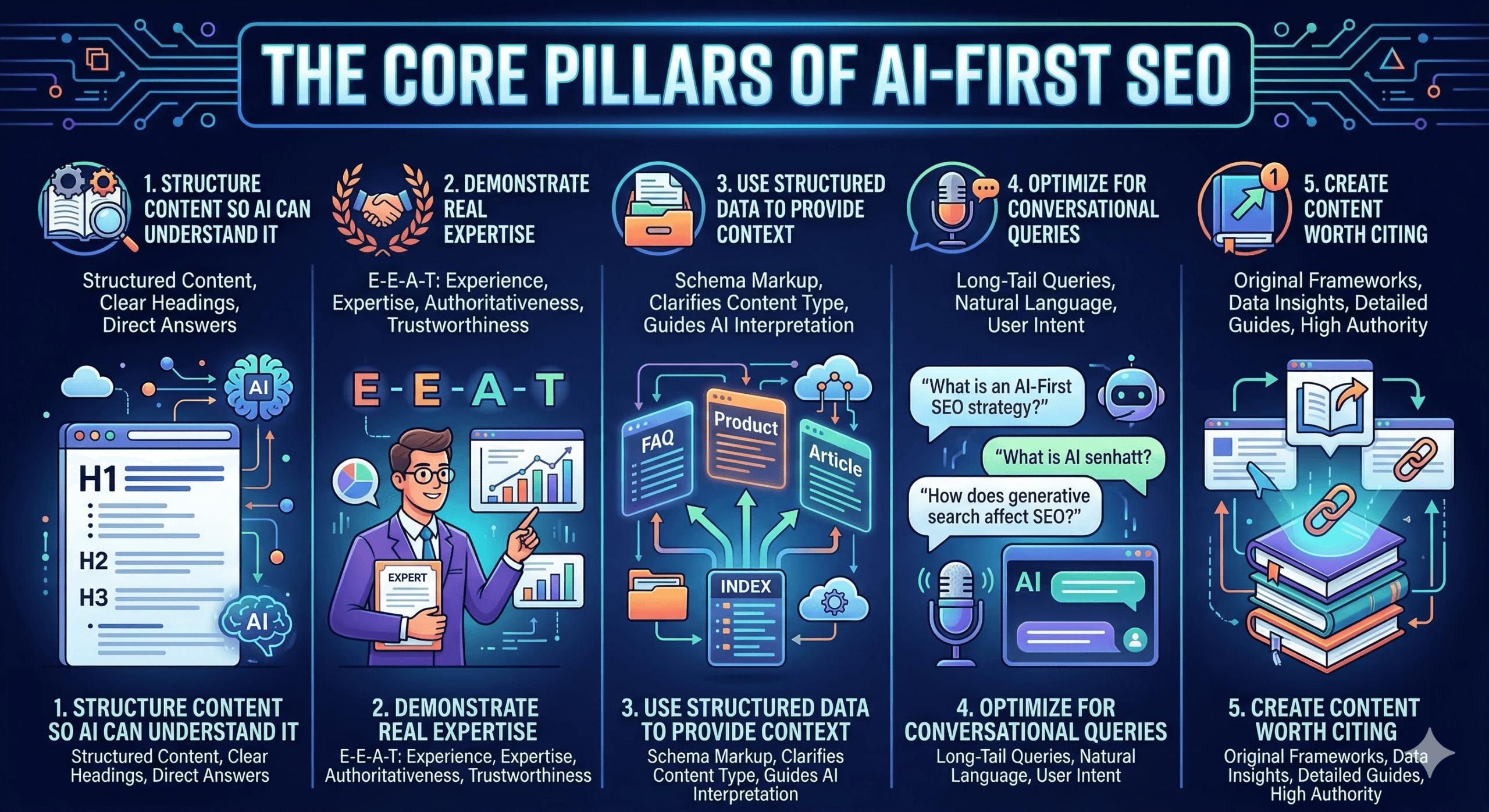 An infographic illustrating the 5 pillars of AI-First SEO: Structured Content, E-E-A-T Expertise, Structured Data (Schema), Conversational Queries, and Citability. The design uses a futuristic blue and neon aesthetic with icons for each category.