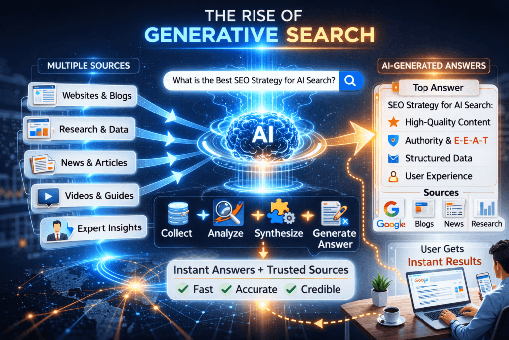 Infographic illustrating the rise of generative search, showing how AI collects data from multiple sources, analyzes and synthesizes information, and delivers instant answers with trusted sources.