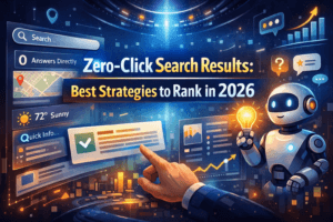 Futuristic digital banner showing AI-powered search results, featured snippets, and zero-click answers with a robot and data interface, representing strategies to rank in zero-click search results in 2026