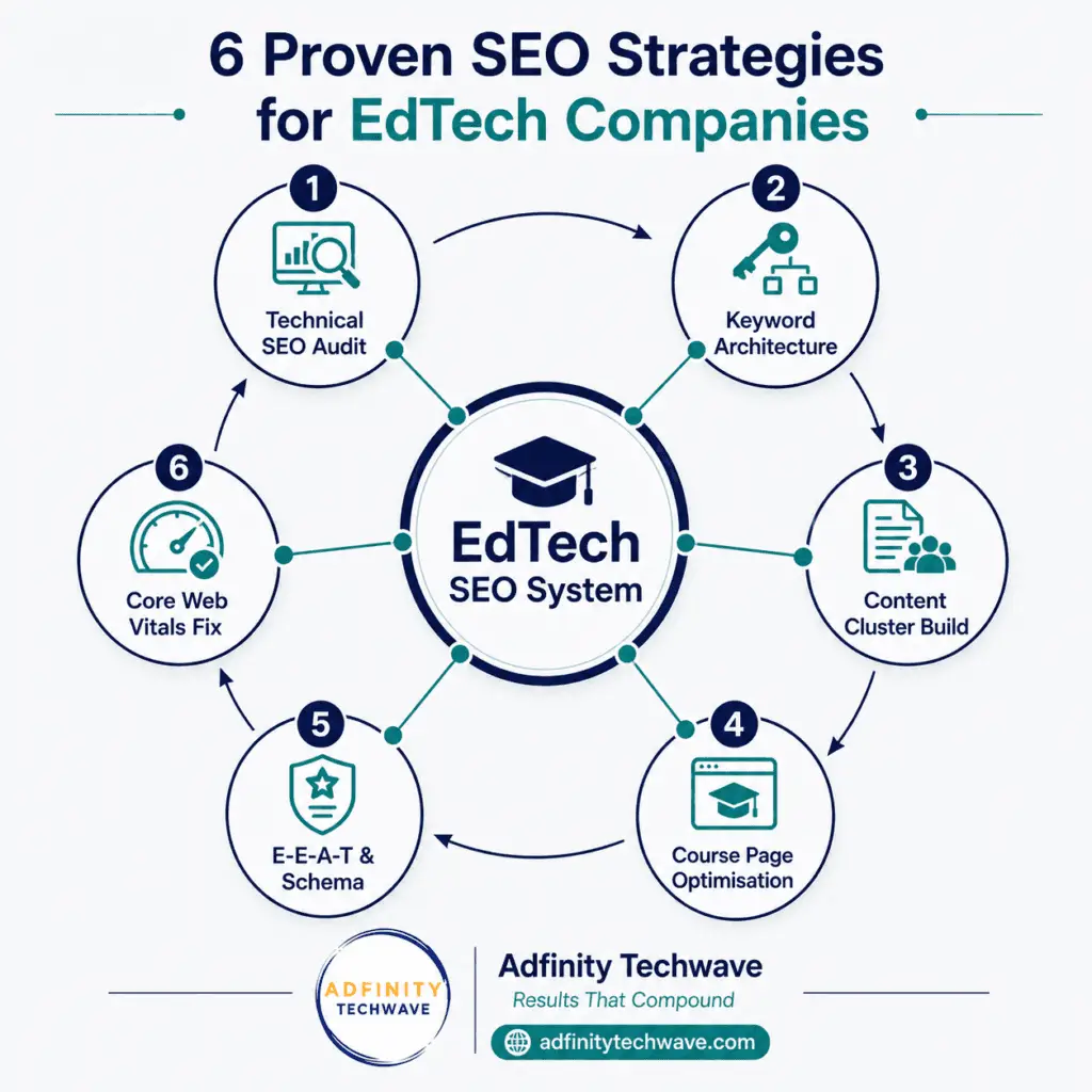 6 proven SEO for EdTech companies strategies — Adfinity Techwave education platform SEO system diagram 2026