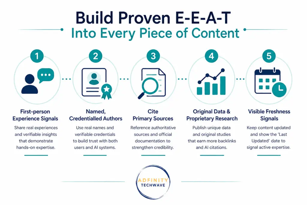 Minimal infographic illustrating how to build E-E-A-T in content: five steps shown with icons—first-person experience signals, named credentialed authors, citing primary sources, original data and research, and visible freshness signals—on a clean white background with teal accents and Adfinity Techwave branding.