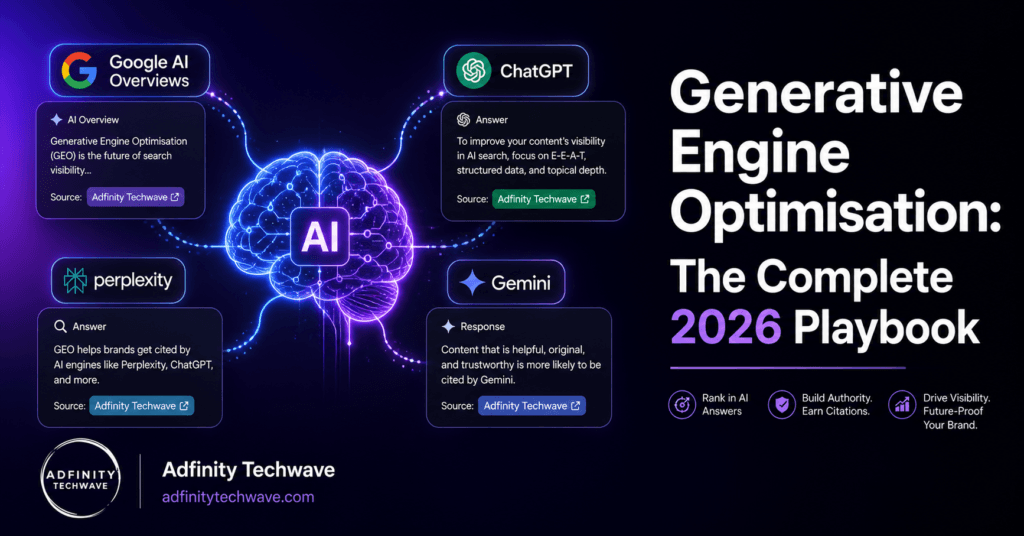 Generative engine optimisation 2026 complete playbook — Adfinity Techwave GEO strategy guide for content marketers showing AI citation across ChatGPT, Gemini, and Google AI Overviews