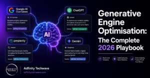 Generative engine optimisation 2026 complete playbook — Adfinity Techwave GEO strategy guide for content marketers showing AI citation across ChatGPT, Gemini, and Google AI Overviews