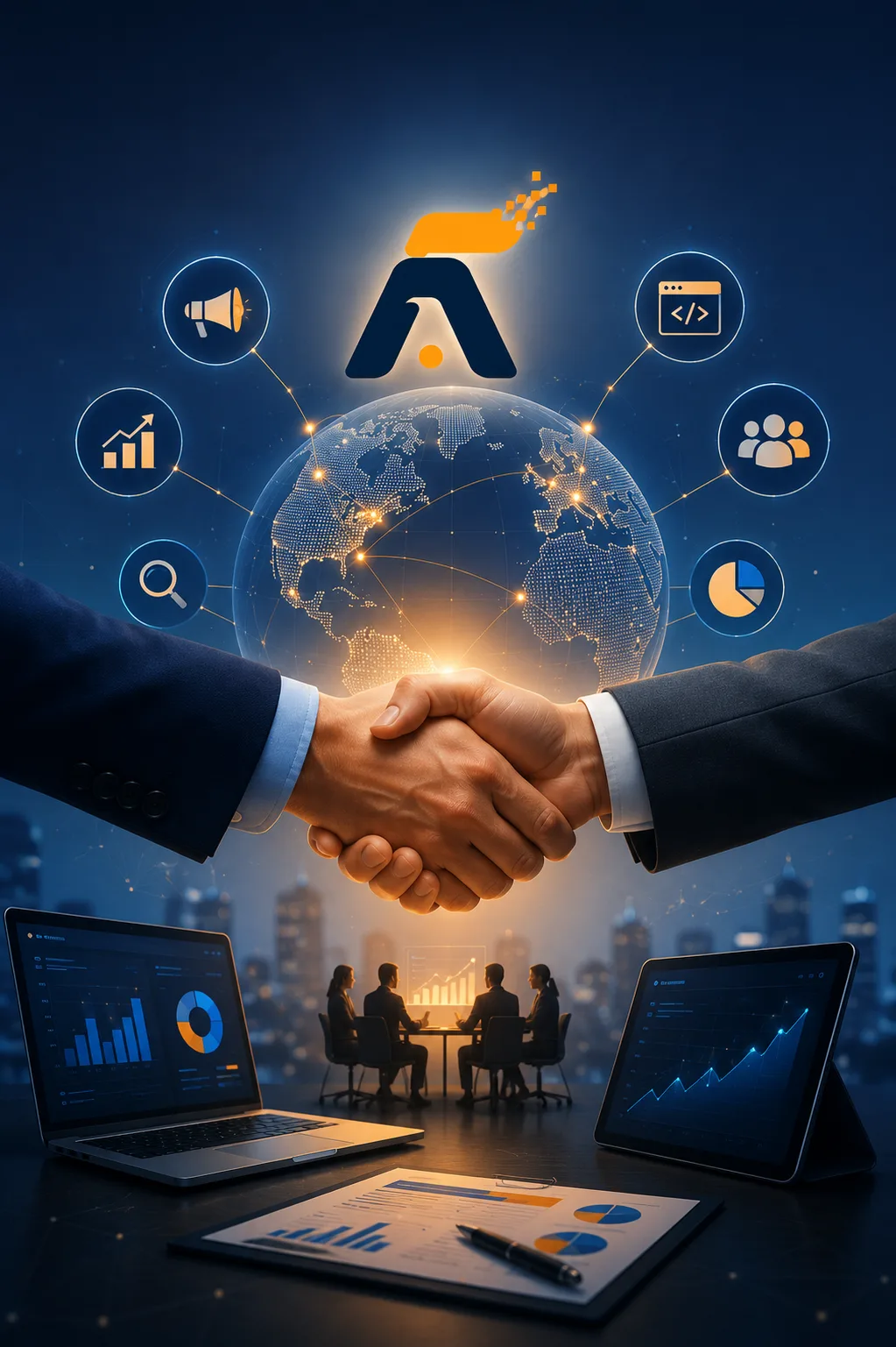 Professional business team collaborating in a modern office, representing Adfinity Techwave as an offshore digital marketing agency and international IT services company helping businesses grow worldwide.