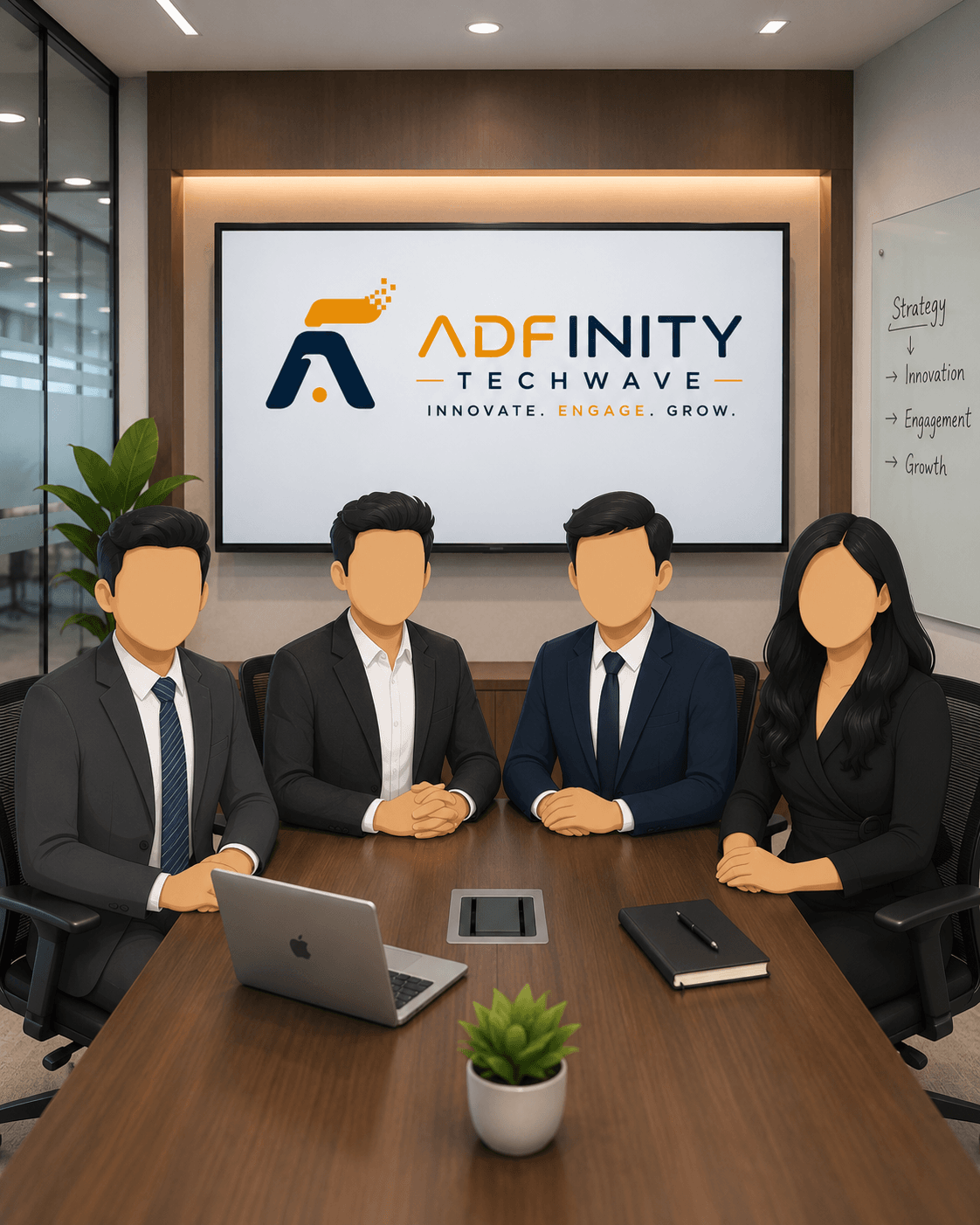 Professional team collaborating in a modern corporate workspace, representing Adfinity Techwave as an offshore digital marketing agency and international IT services company helping businesses across the USA, UK, Canada, Australia, UAE, India, and Southeast Asia.