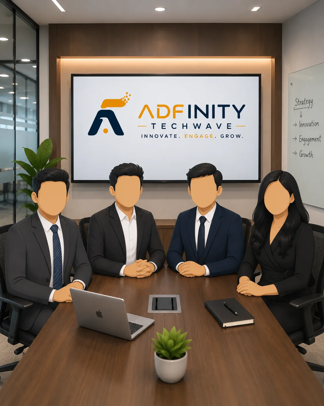 Professional team collaborating in a modern corporate workspace, representing Adfinity Techwave as an offshore digital marketing agency and international IT services company helping businesses across the USA, UK, Canada, Australia, UAE, India, and Southeast Asia.